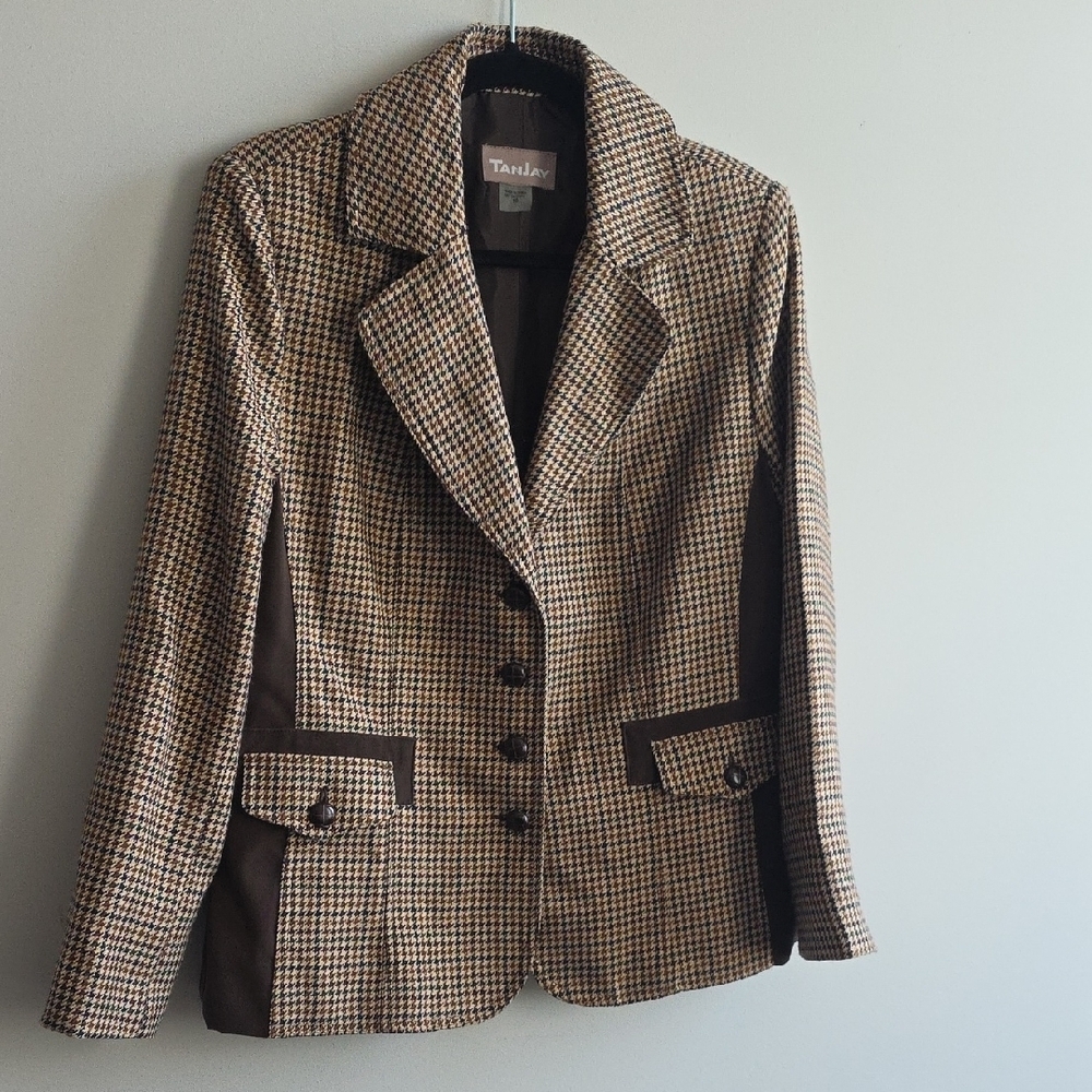 TanJay - Women's Tan and Brown  Houndstooth Blazer - Size 10
